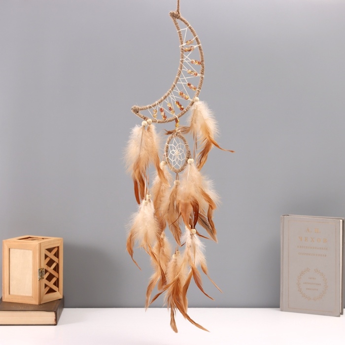 Ловец снов Ловец снов "Месяц" бежевый с кольцом и перьями 16х55 см