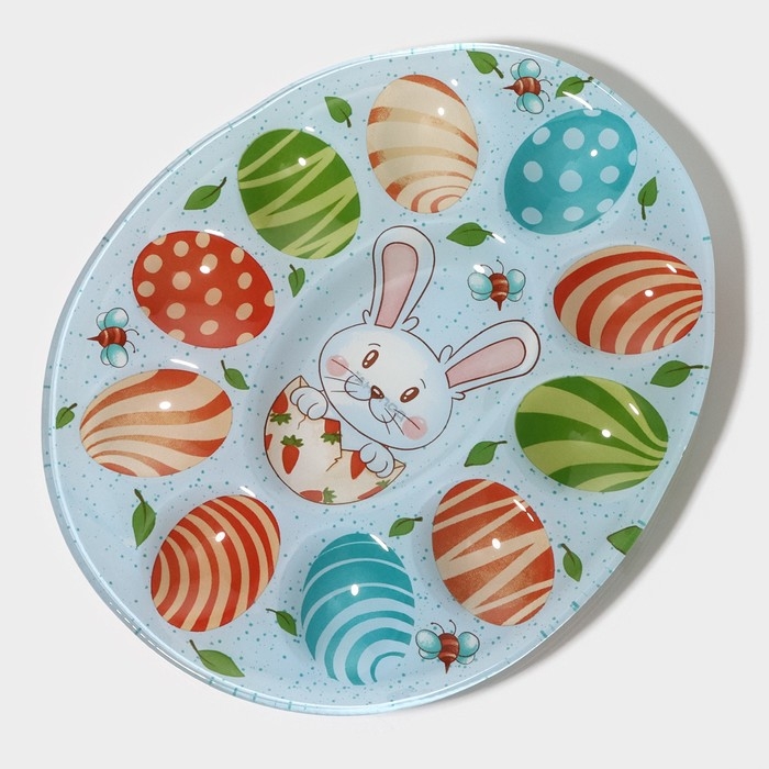 Подставка стеклянная для яиц Доляна &laquo;Зайка&raquo;, 24&times;20,6 см, 10 ячеек, цвет голубой