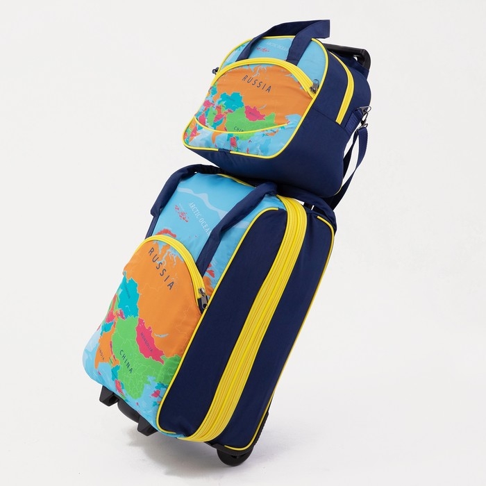 Чемодан малый 37 л (S), с расширением, сумка дорожная на молнии, цвет синий/оранжевый