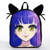 Рюкзак школьный текстильный с ушками на заколках &laquo;Аниме&raquo;, 27х23 см, чёрный/фиолетовый