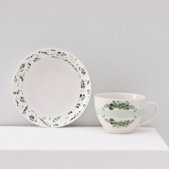 Сервиз фарфоровый чайный Доляна &laquo;Эвкалипт&raquo;, 12 предметов: 6 чашек 280 мл, 6 блюдец d=15 см