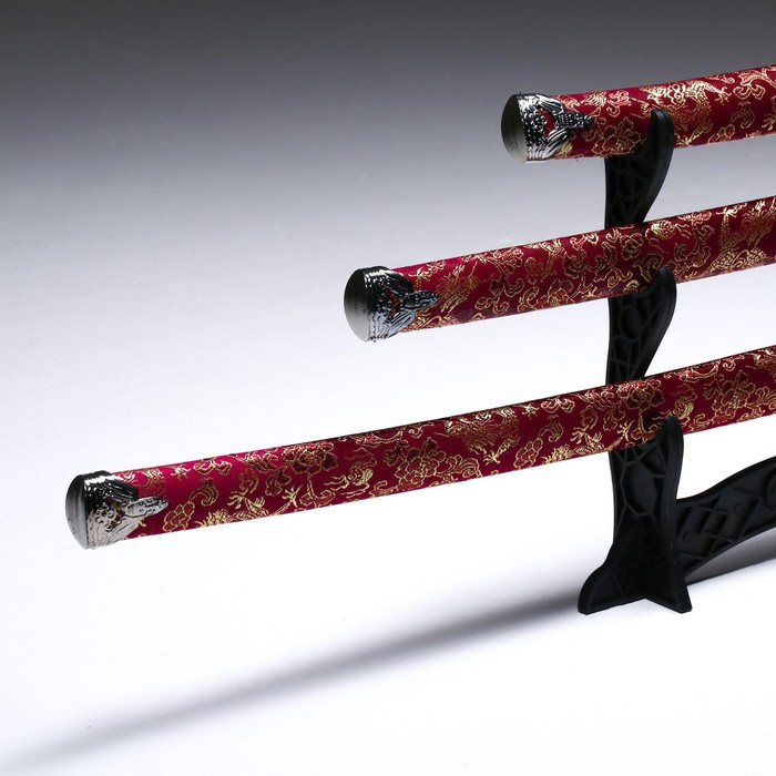 Сув. изделие катаны 3в1 на подставке, ножны кожзам, цветы на красном  47/70/89см