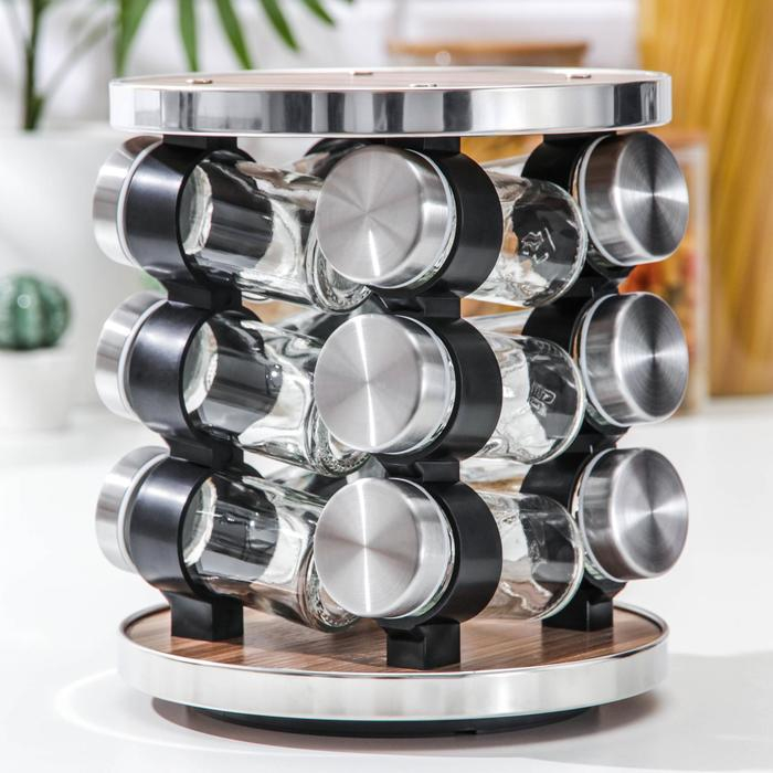 Набор для специй из стекла на подставке &laquo;Хай-тек&raquo;, 19&times;19&times;21,5 см, ёмкость, 90 мл, 4&times;9,5 см, 12 шт