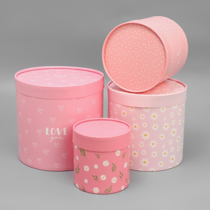 Набор шляпных коробок 4 в 1, упаковка подарочная, &laquo;Ромашки&raquo;, 12 х 12 - 20 х 20 см