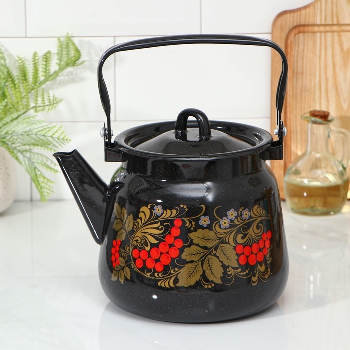 Чайник эмалированный &laquo;Рябинушка&raquo;, 3,5 л, цвет чёрный