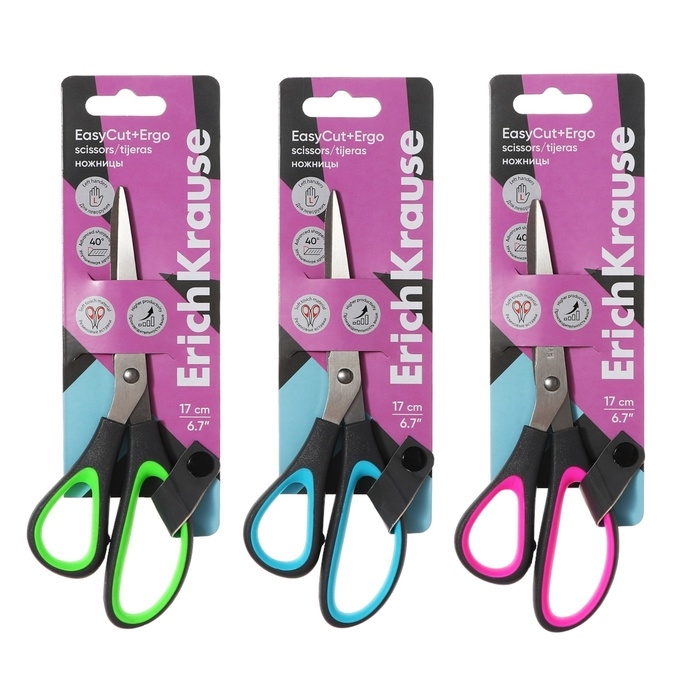 Ножницы ErichKrause EasyCut+ Ergo, 17 см, для левшей, эргономичные ручки, европодвес, МИКС