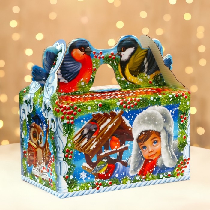 Новый год. Подарочная коробка новогодняя Кормушка Новый год. Подарочная коробка новогодняя Кормушка "Покормите птиц зимой" в зеленом окошко с двух сторон, 20 x 12 x 19 см.