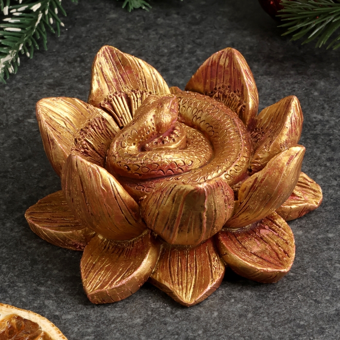 Новый год. Символ 2025. Фигура "Змея в лотосе" бордовый с позолотой, 4х10см