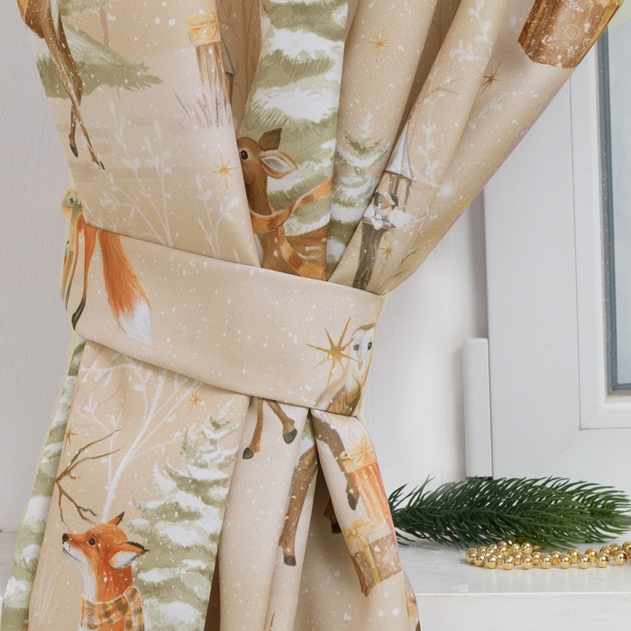 Новогодний комплект штор для кухни с подхватами "Christmas forest" 145х180см-2 шт, габардин