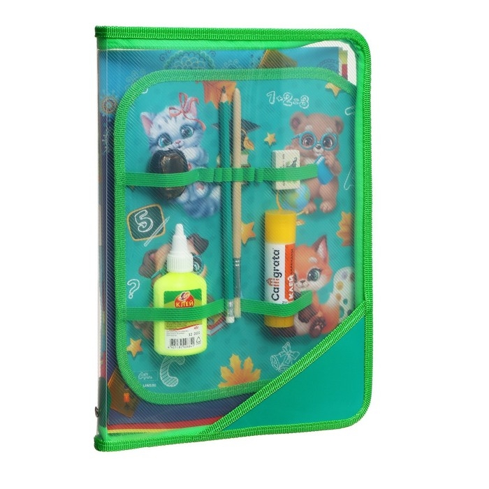 Папка для труда А4, 325 х 230 х 25 мм, молния вокруг, откидная планка, пластиковая, ПТР-1 Папка для труда А4, 325 х 230 х 25 мм, молния вокруг, откидная планка, пластиковая, ПТР-1 "Зверята", с наполнением 10 предметов