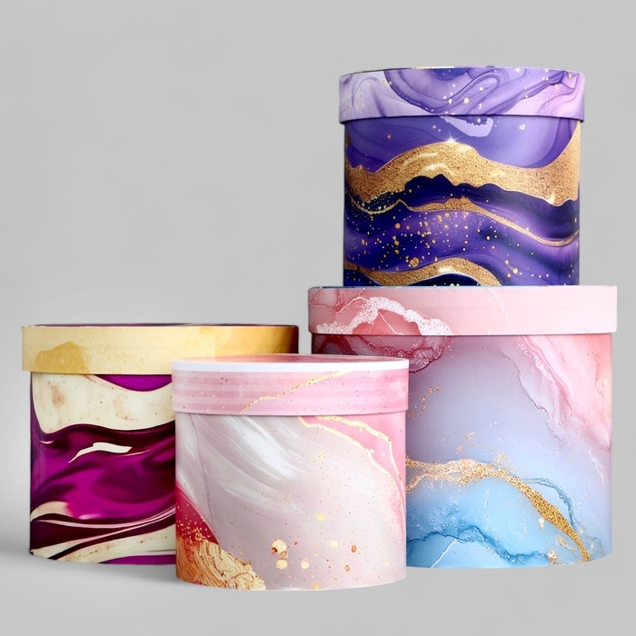 Набор шляпных коробок для цветов 4 в 1, упаковка подарочная, &laquo;Мрамор&raquo;, 20 х 17,5 - 16 х 14 см