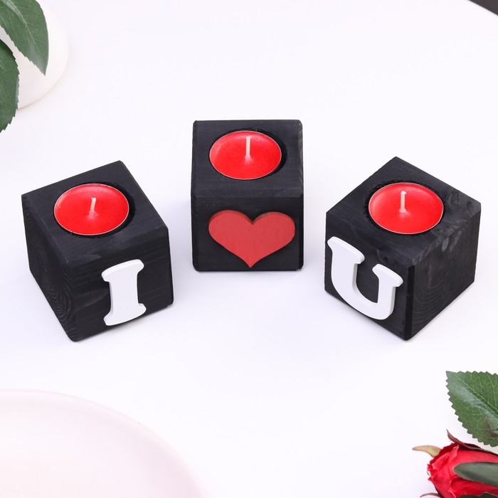 Подсвечник для интерьера Подсвечник для интерьера "Люблю тебя", цвет: "Эбен", 3 штуки, 6х6х6 см, аромат клубники
