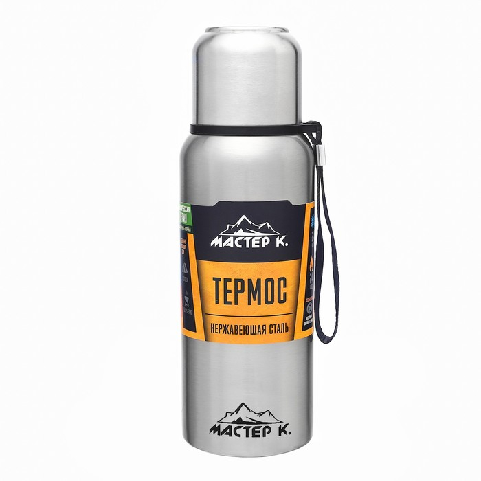 Термос, 600 мл, Путешествие Термос, 600 мл, Путешествие "Мастер К.", с кружкой, сохраняет тепло 24 ч, хром