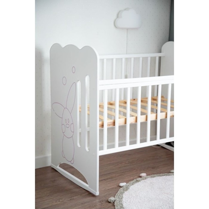 Кровать детская Sweet Rabbit колесо-качалка (белый) ( 1200х600)