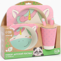 Набор бамбуковой посуды &laquo;Единорожка&raquo;, тарелка, миска, стакан, приборы, 5 предметов