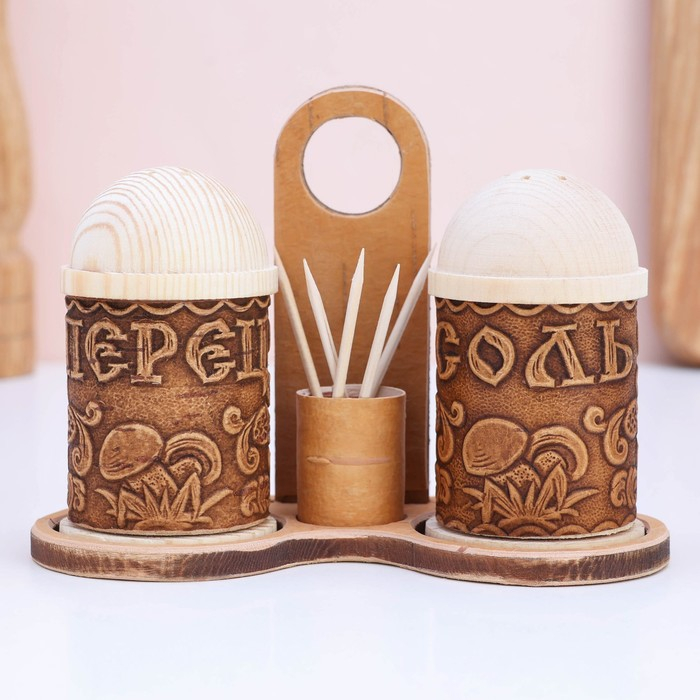 Набор для специй &laquo;Тиснёный&raquo;, с зубочистками, береста