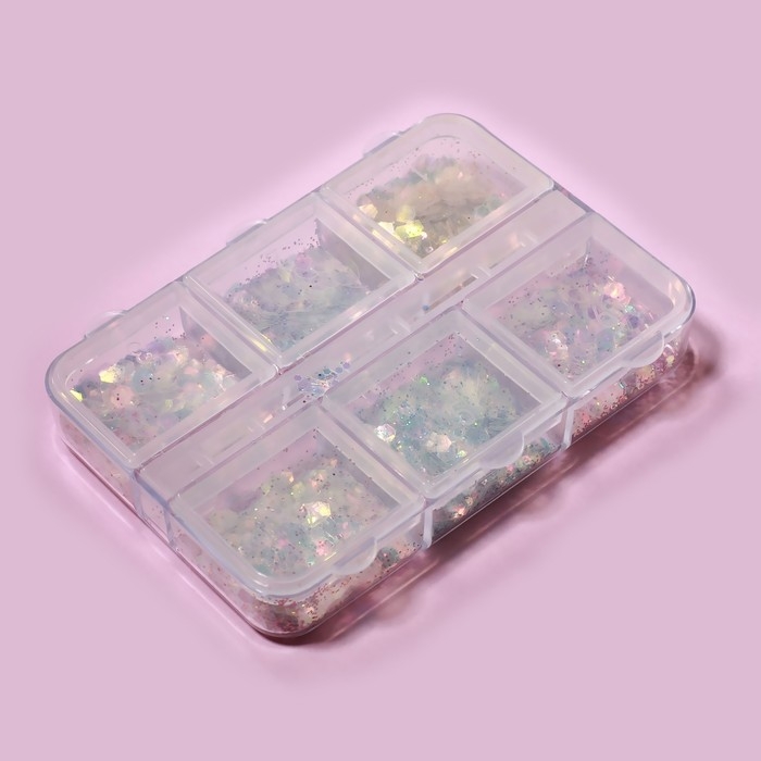 Пайетки для декора ногтей, 6 ячеек, разноразмерные, разноцветные Пайетки для декора ногтей, 6 ячеек, разноразмерные, разноцветные