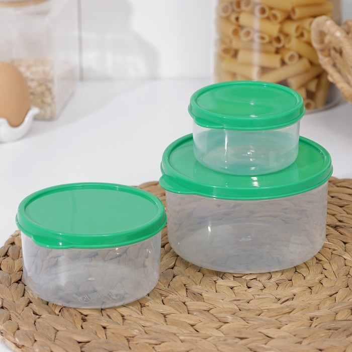Набор контейнеров пищевых круглых Доляна, 3 шт: 150 мл, 300 мл, 500 мл, прозрачные, крышка зелёная