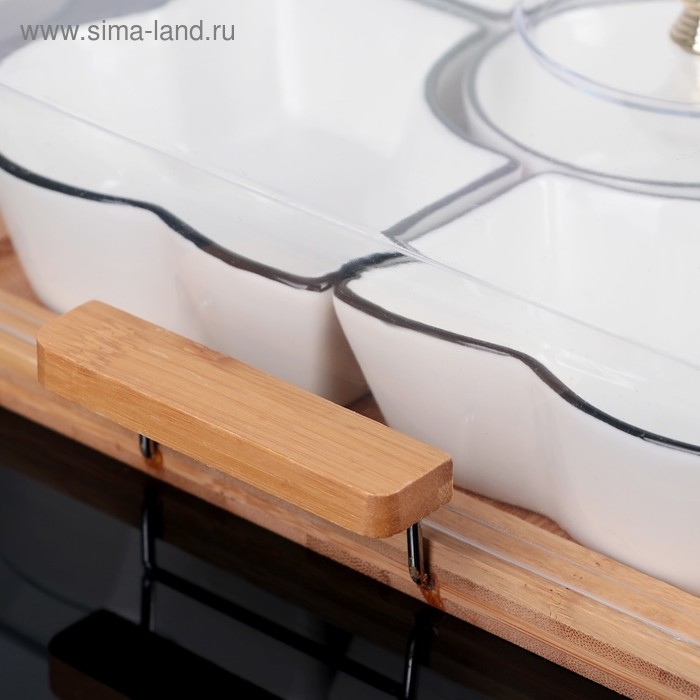 Набор салатников керамических с крышкой на деревянной подставке &laquo;Эстет. Квадрат&raquo;, 5 предметов, 33&times;27,5&times;11 см, цвет белый