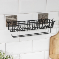 Полочка для губок и моющего средства, с держателем для полотенец, на липучке, цвет чёрный Полочка для губок и моющего средства, с держателем для полотенец, на липучке, цвет чёрный