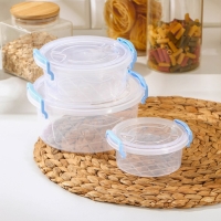 Набор контейнеров пищевых RICCO, 3 шт: 300 мл, 600 мл, 1,2 л, круглые, прозраячные, ручки голубые
