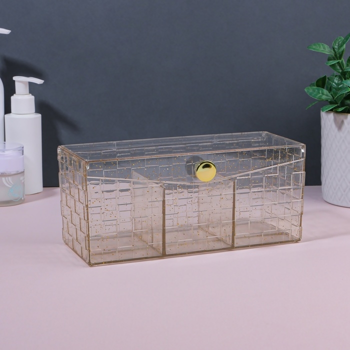 Органайзер для хранения «SHINE», с крышкой, 3 секции, 21,5 × 8,8 × 9,5 см, цвет прозрачный/золотистый Органайзер для хранения «SHINE», с крышкой, 3 секции, 21,5 × 8,8 × 9,5 см, цвет прозрачный/золотистый