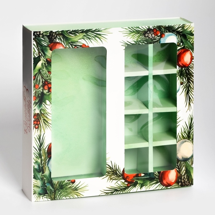 Новый год. Коробка под 8 конфет и шоколад, с окном Новый год. Коробка под 8 конфет и шоколад, с окном "Чудеса случаются", 17,7 х 17,8 х 3,8 см, кондитерская упаковка