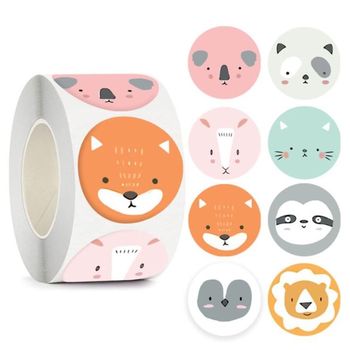 Наклейка бумага Наклейка бумага "Зверята - круглые мордочки" d=2,5 см 500 шт в рулоне 3х6,5х6,5 см