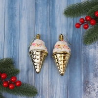 Ёлочная игрушка "Мороженое рожок" (набор 2 шт) 11х5 см, золото Ёлочная игрушка "Мороженое рожок" (набор 2 шт) 11х5 см, золото