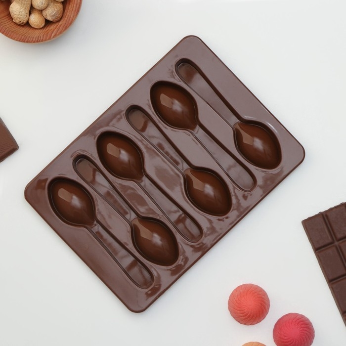 Форма для шоколада Доляна &laquo;Ложечки&raquo;, силикон, 18&times;12&times;1,2 см, 6 ячеек (9,8&times;2,3 см), цвет коричневый