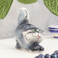 Сувенир  &laquo;Котик&raquo;, сидячий, полосатый темный, гжель