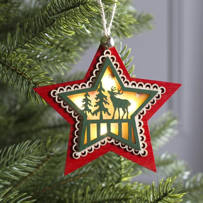 Ёлочная игрушка &laquo;Красная звезда с оленем&raquo;, от батареек, свечение тёплое белое