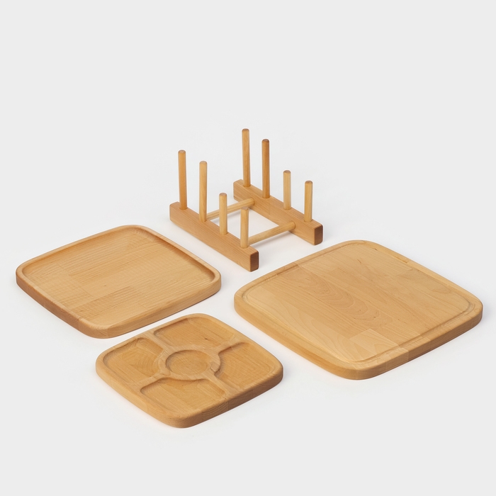 Подарочный набор деревянной посуды Adelica &laquo;Мечта хозяйки&raquo;, доска разделочная d=28 см, блюдо для подачи d=24 см, менажница d=20 см, подставка, берёза