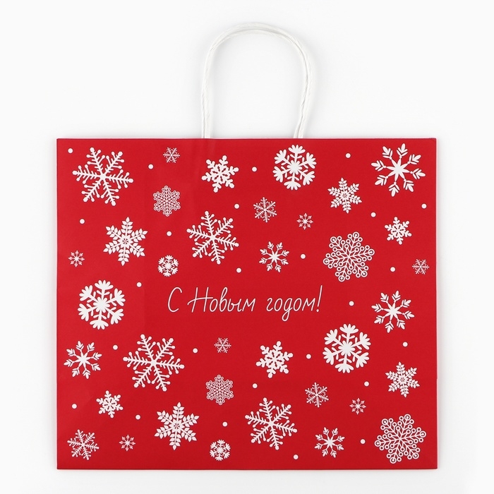 Пакет подарочный новогодний &laquo;Снежинки&raquo;, белый крафт, 32 х 28 х 15 см , Новый год