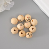 Бусины для творчества дерево "Мордочка котика" набор 10 шт d=1,6 см