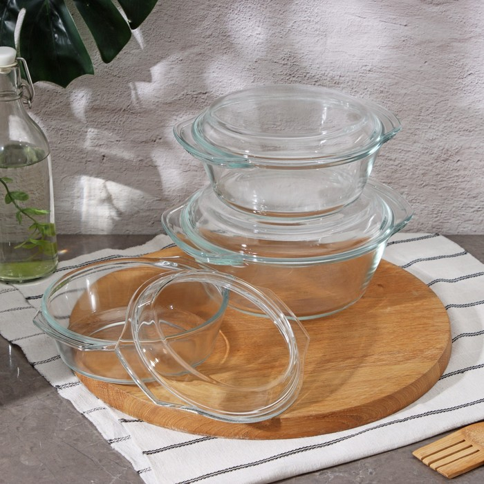 Набор кастрюль из жаропрочного стекла для запекания Доляна &laquo;Гратен&raquo;, 3 предмета: 0,7 л, 1 л, 1,5 л, с крышками