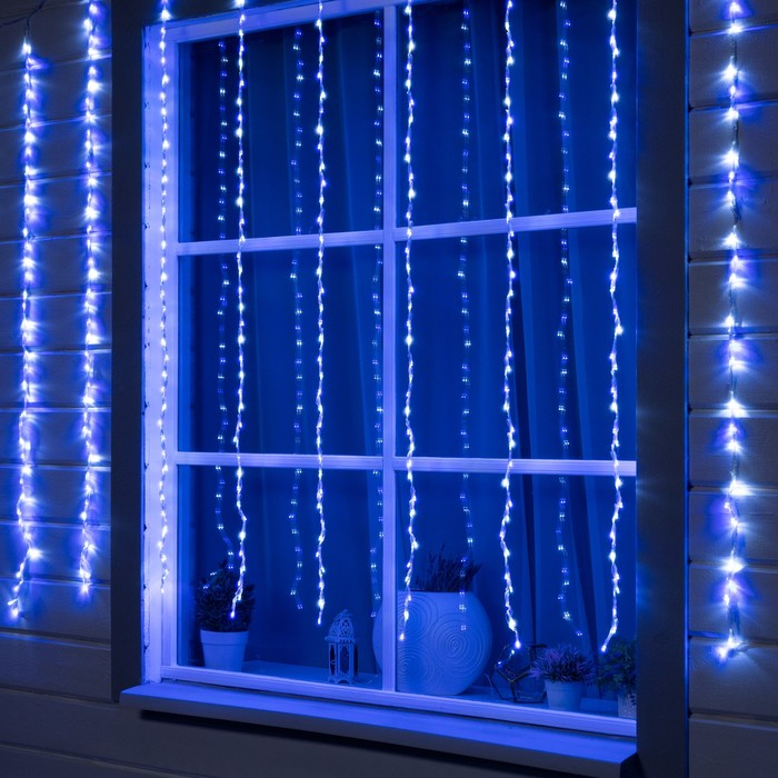 Гирлянда &laquo;Водопад&raquo; 2 &times; 1.5 м, IP44, прозрачная нить, 400 LED, свечение бело-синее, 8 режимов, 220 В