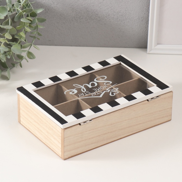 Шкатулка дерево с делениями "Крыша дома с сердечками" чёрная с белым 23х15х7 см