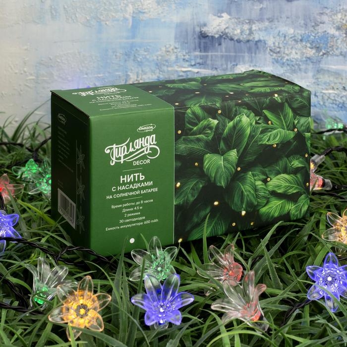 Гирлянда &laquo;Нить&raquo; 4.5 м с насадками &laquo;Цветы&raquo;, IP44, тёмная нить, 30 LED, свечение мульти, 2 режима, солнечная батарея