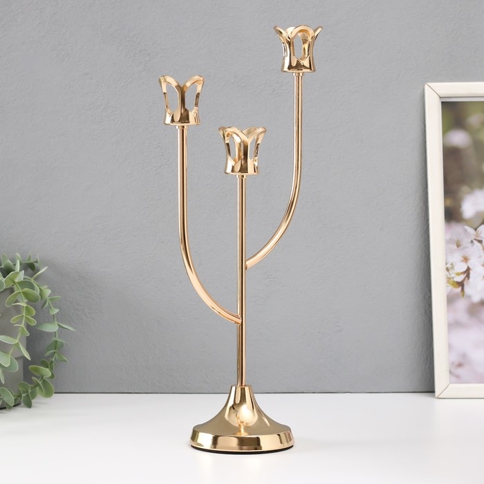 Подсвечник металл на 3 свечи Подсвечник металл на 3 свечи "Цветник" d=2 см золото 16х9х36 см