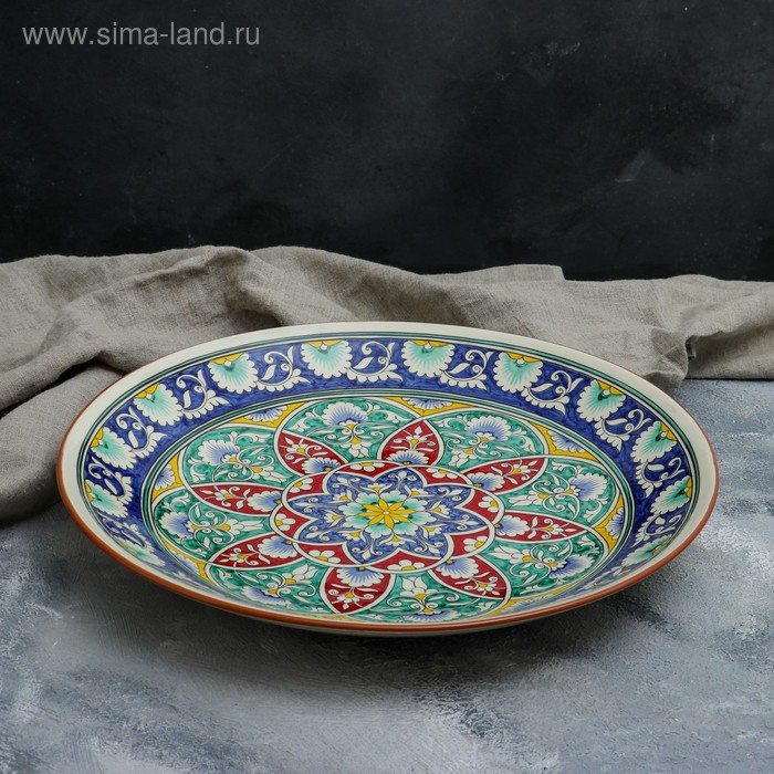 Ляган круглый Риштанская Керамика, 41см, белый с синим, красно-жёлто-зелёный узор Ляган круглый Риштанская Керамика, 41см, белый с синим, красно-жёлто-зелёный узор