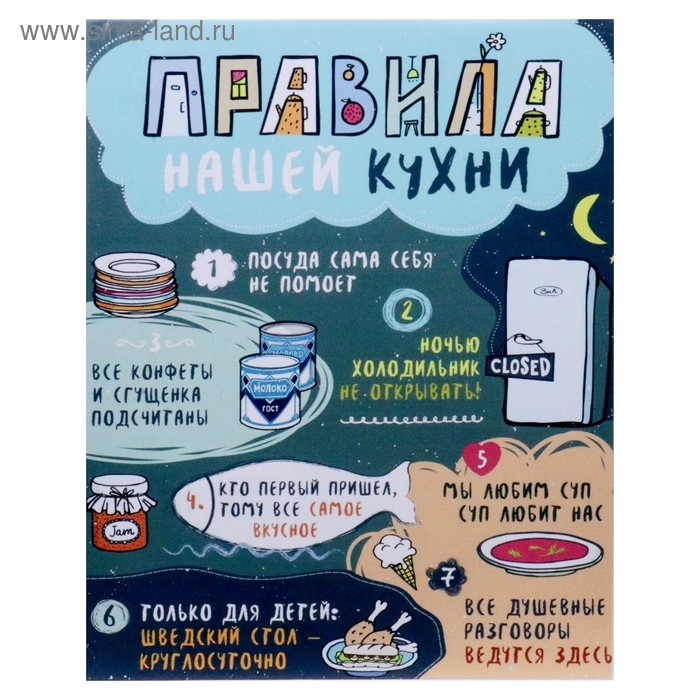 Картина на холсте "Правила нашей кухни" на синем 40х50 см