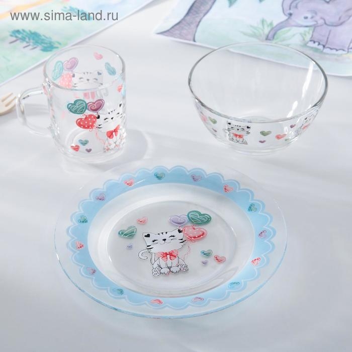 Набор детской посуды Доляна &laquo;Котёнок&raquo;, 3 предмета: кружка 200 мл, салатник 450 мл, тарелка d=20 см