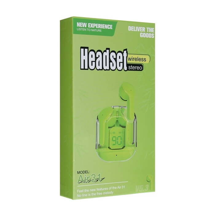 Наушники беспроводные Air31, TWS, вакуумные, BT 5.0, 45/230 мАч, прозрачные, зелёные