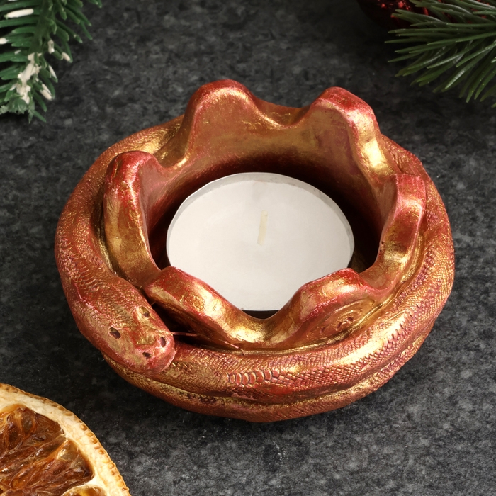 Новый год. Символ 2025. Подсвечник новогодний Новый год. Символ 2025. Подсвечник новогодний "Змея на чаше" бордовый с позолотой, 4х10см
