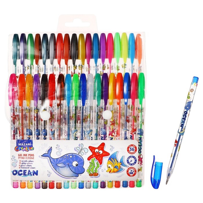 Набор ручек гелевых 36 цветов (12 с блестками + 6 флуоресцентных + 12 металлик + 6 пастельных) Mazari Набор ручек гелевых 36 цветов (12 с блестками + 6 флуоресцентных + 12 металлик + 6 пастельных) Mazari "OCEAN", ароматизированные, пулевидный пишущий узел 0,9 мм, пластиковый цветной корпус