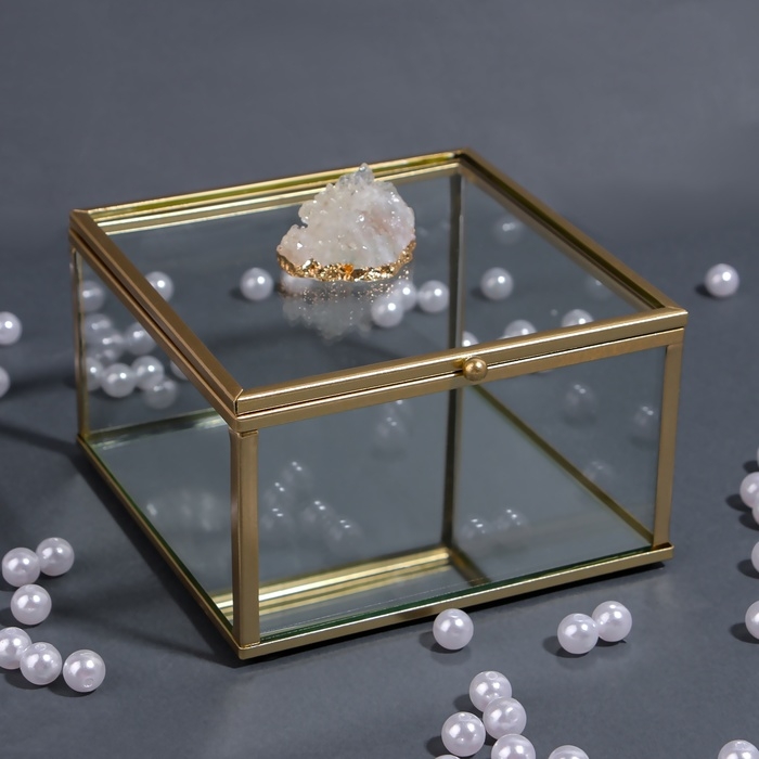 Органайзер для хранения &laquo;MOUNTAINS&raquo;, с крышкой, стеклянный, с зеркальным дном, 1 секция, 12 &times; 12 &times; 7 см, цвет прозрачный/медный