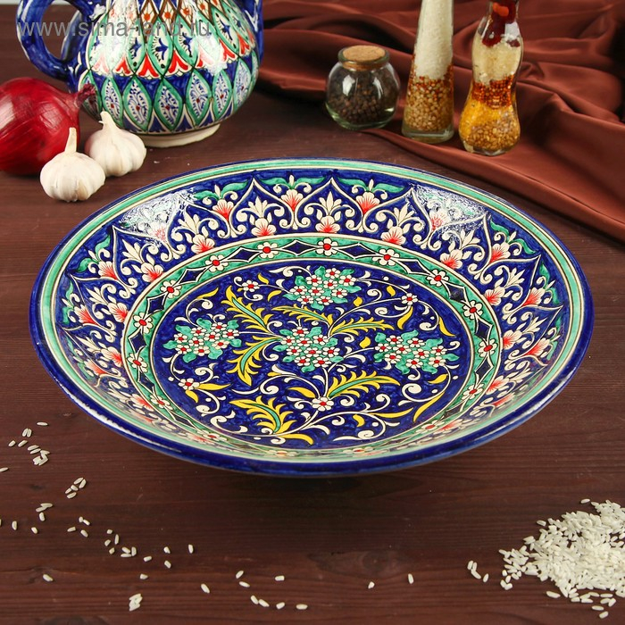 Ляган Риштанская Керамика "Цветы", 33 см, синий микс