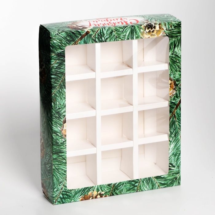 Новый год. Коробка под 12 конфет Новый год. Коробка под 12 конфет "Шишки" , 19 х 15 х 3,6 см, кондитерская упаковка