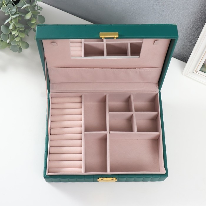 Шкатулка кожзам для украшений Шкатулка кожзам для украшений "Ромбики. На кнопке" зелёная 7,5х24,5х18,5 см